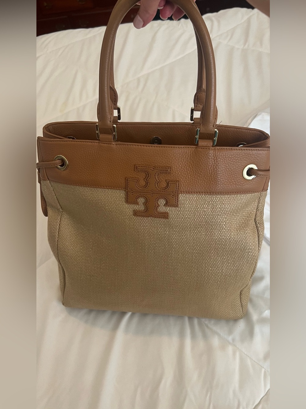 Tory Burch Tan Leather and Beige Canvas Tote